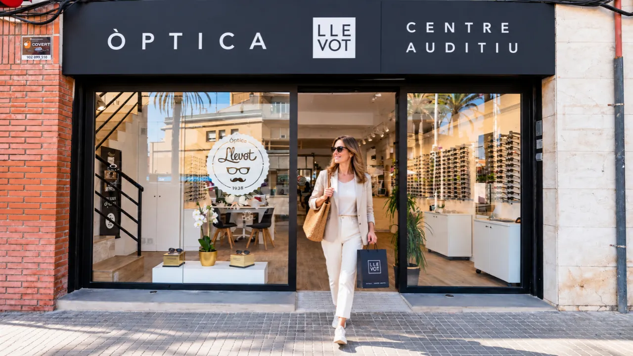 Mujer saliendo de Óptica Llevot con gafas de sol progresivas