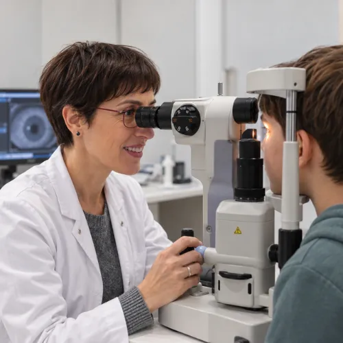 La optometrista Sara realizando una revisión visual a un niño con lámpara de hendidura