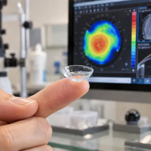 Lente escleral en primer plano con topografía corneal al fondo