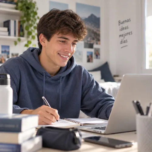 Joven estudiante utilizando lentillas mensuales durante su actividad diaria