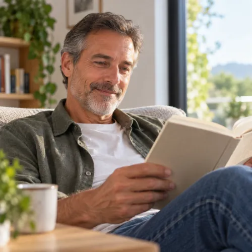 Hombre de unos 55 años leyendo un libro con lentillas multifocales