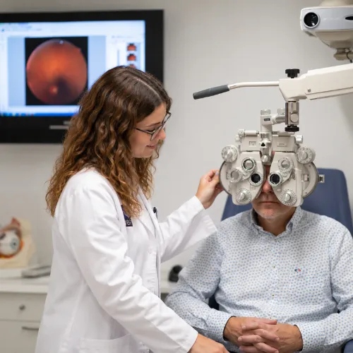 Optometrista realizando una prueba de graduación con foróptero a un paciente en Óptica Llevot de Cornellà.