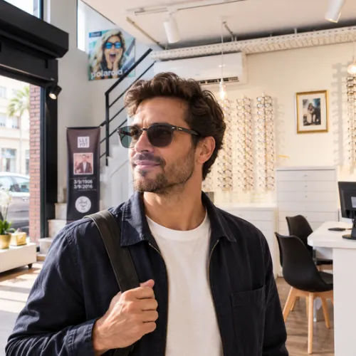 Hombre con gafas fotocromáticas de lentes oscurecidas en Óptica Llevot en Cornellà.